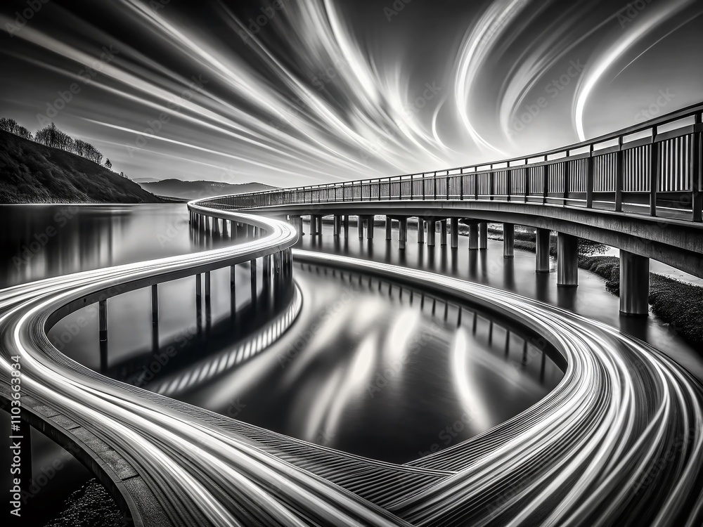 Poster long exposure black and white abstract lines creating dynamic movement against a minimalist backgrou
