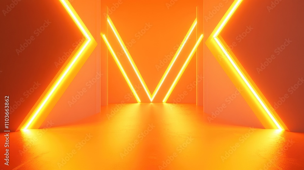Poster 3d neon platform illustration with glowing directional arrows converging into a vibrant orange gradi