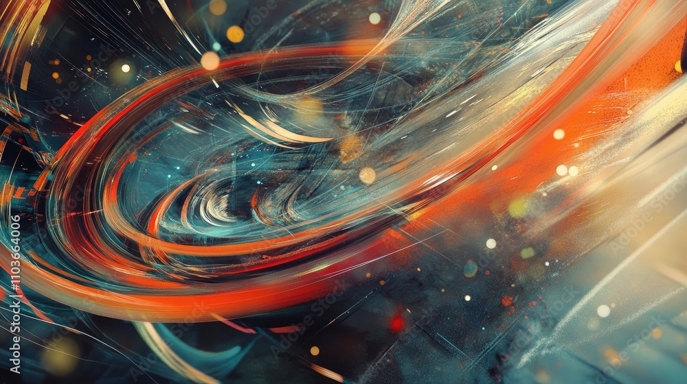 Poster futuristic abstract swirling data streams with vibrant red and blue hues against a textured dark bac