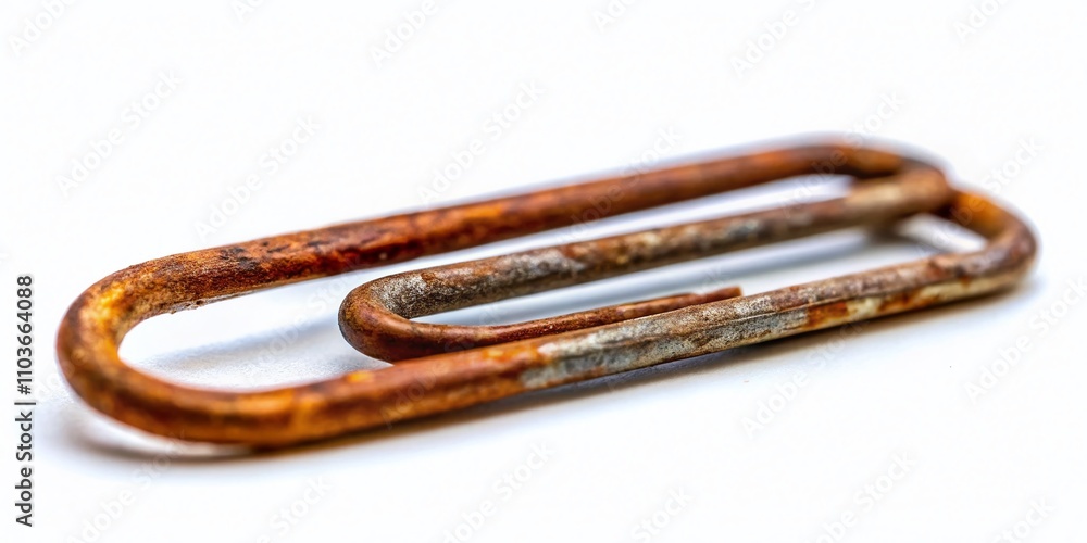 Poster long exposure capture of a rusty paper clip isolated on white background, showcasing unique texture 