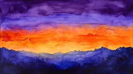 Vibrant Abstract Watercolor Background with Sunset Sky in Orange and Purple Shades