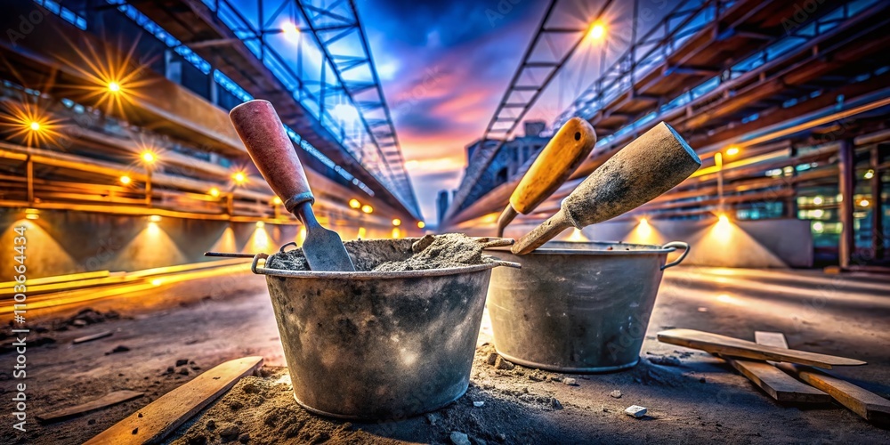 Poster long exposure capture of two spatulas resting in a bucket of mortar amidst a construction scene with