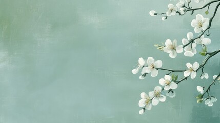 Delicate cherry blossoms branch gracefully against a soothing soft green background, perfect for spring-themed greeting cards with space for personalized messages.