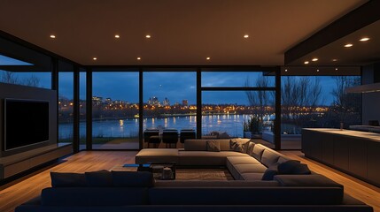 A modern living room with large windows overlooking the city, a night view of the river and bridge, warm lighting, a cozy atmosphere, a comfortable seating arrangement, minimalist decor.