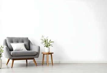 A modern living room with a gray sofa, a small wooden side table, and a potted plant