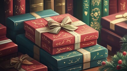Colorful gift-wrapped books stacked with elegant bows on top, surrounded by a festive atmosphere filled with decorative elements.