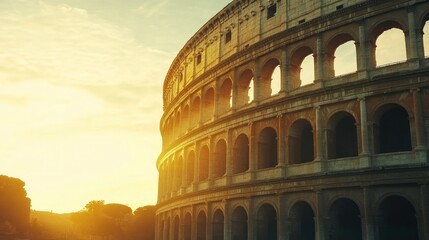 Naklejka premium Majestic Roman Colosseum Bathed in Golden Sunset Light in the Heart of Historic Rome, Italy