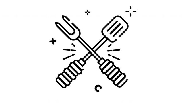 Animation spatula and grill fork line art icon. Motion graphic animation cooking themed