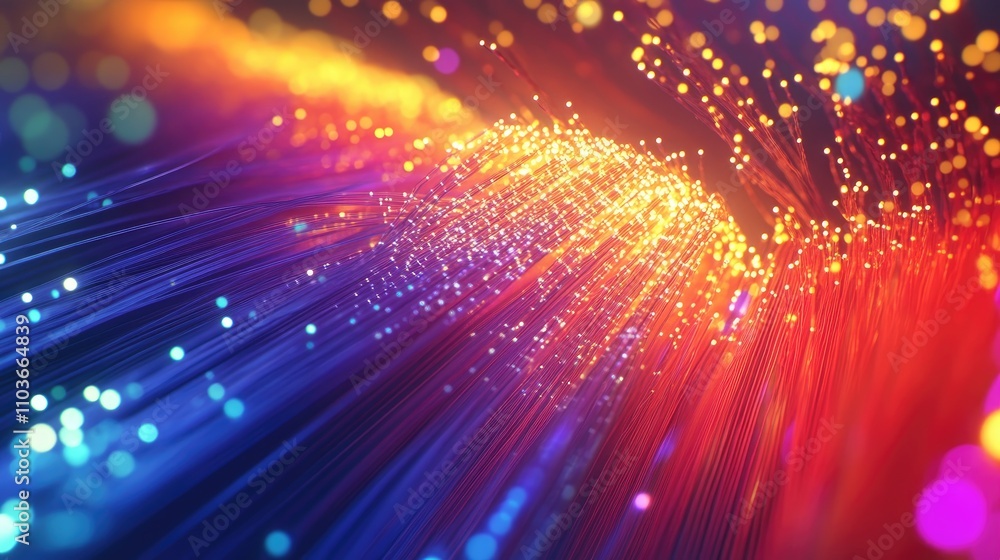 Poster vibrant display of colorful fiber optic cables creating a dynamic data environment with sparkling li