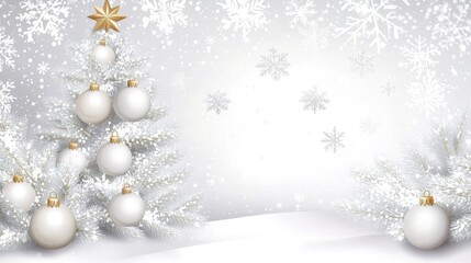 White-themed Christmas tree adorned with golden ornaments, surrounded by delicate snowflakes in a serene festive winter landscape.