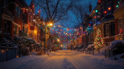 Naklejka premium A snowy street adorned with colorful Christmas lights and decorations, showcasing houses beautifully lit up for the holiday season, creating a magical atmosphere