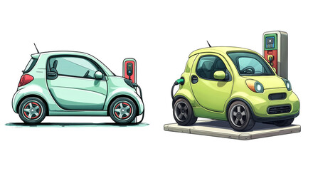 Colorful Cartoon Electric Cars on Transparent Background