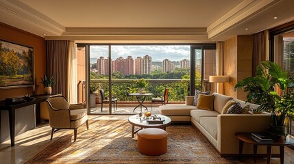 Fototapeta premium Shady living room and open balcony in studio apartment