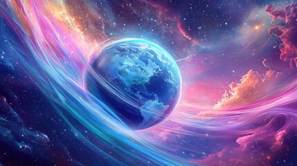 Obraz premium A global network visualized as flowing light trails over a transparent Earth, surrounded by a starry cosmos; digital surrealism, vibrant hues