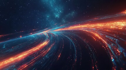 A global network visualized as flowing light trails over a transparent Earth, surrounded by a starry cosmos; digital surrealism, vibrant hues