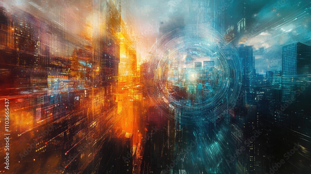 Poster vibrant abstract cityscape showcasing a futuristic urban environment with dynamic colors representin