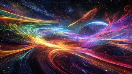 Obraz premium A global network visualized as flowing light trails over a transparent Earth, surrounded by a starry cosmos; digital surrealism, vibrant hues 