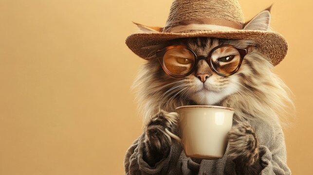 A stylish cat wearing a straw hat and glasses, holding a coffee cup, exuding a relaxed and trendy vibe against a soft, warm background.
