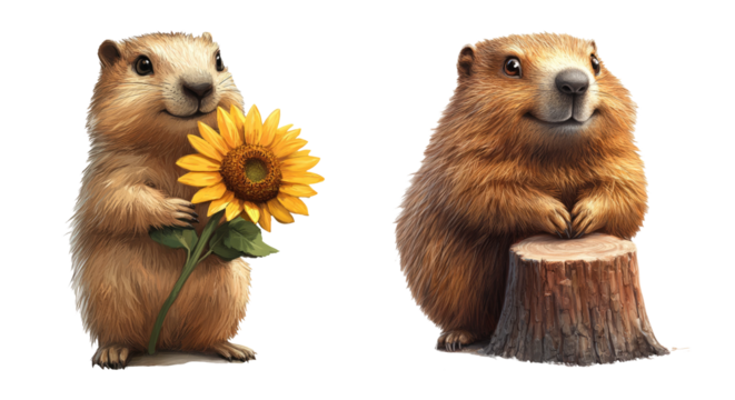 Cute Marmot Holding Flower and Sitting on Log