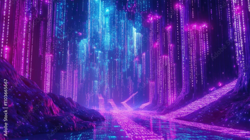 Poster vibrant digital landscape with cascading binary code, illuminated in shades of blue and pink, symbol