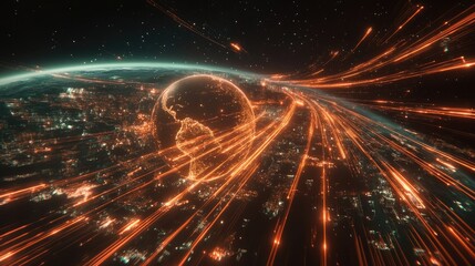 Obraz premium A global network visualized as flowing light trails over a transparent Earth, surrounded by a starry cosmos; digital surrealism, vibrant hues 