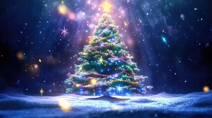 Vibrant Christmas tree adorned with colorful decorations and sparkling lights, set against a softly blurred, enchanting winter background.