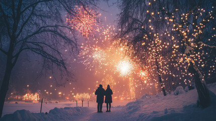Fototapeta premium Two people standing in the snow next to a path