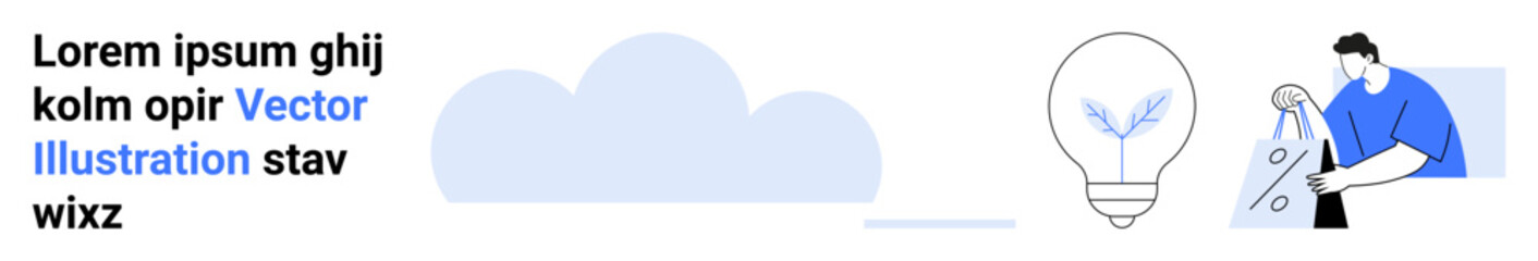 Light blue cloud shape, lightbulb, person adjusting controls, accompanied by sample text. Ideal for tech, innovation, creativity, design, project planning user interface and concept development