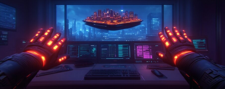 Futuristic Cityscape Hologram Cyberpunk Control Neon Glow