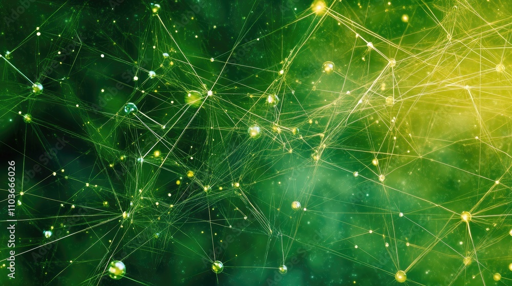 Poster interconnected nodes forming a vibrant green wireless communication network showcasing internet of t