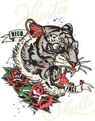 Tigre Tattoo old school style tatouage rose fleur