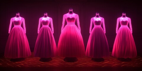 Neon Glowing Pink Ball Gowns on Mannequins Fashion Display