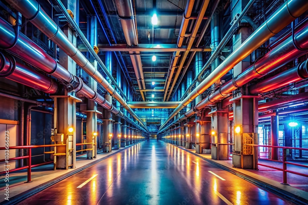 Poster long exposure of a wide corridor in an industrial setting with glowing lights, showcasing the contra