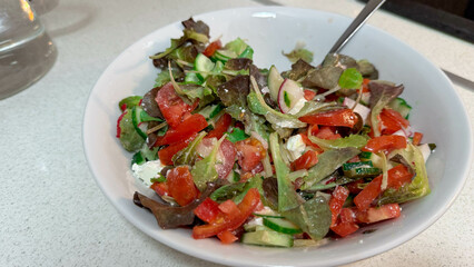 Close-up photo of white ceramic plate with natural fresh vegetable salad. Cucumbers, tomatoes, greens and white Greek feta cheese.
