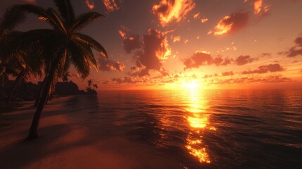 A stunning view of a beach at sunset, with silhouetted palm trees and the sun dipping below the horizon, casting golden reflections on the water