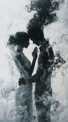 Fototapeta premium Emotive Silhouette of Couple Surrounded by Ethereal Smoke Patterns