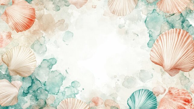 A minimalist watercolor design of sea shells in muted shades of beige coral and teal with soft splashes around copy white space in center