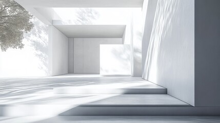 Obraz premium Minimalist white interior with flowing lines and soft shadows creates a modern architectural space ideal for text overlay and clean design elements.