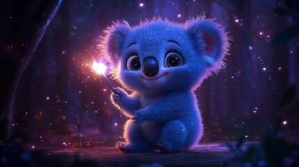 Cute blue koala holding a sparkler in a magical forest at night.