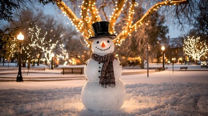 Fototapeta premium A cheerful snowman wearing a top hat and scarf stands under twinkling Christmas lights in a snowy park, radiating festive warmth.