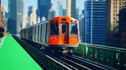 Naklejka premium Bright Orange Train in Urban Cityscape with Tall Skyscrapers and Clear Blue Sky
