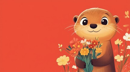 Cute cartoon otter holding a bouquet of wildflowers against a red background.