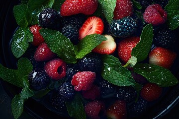 Fototapeta premium Fresh Berries and Mint Leaves on a Dark Background Surface