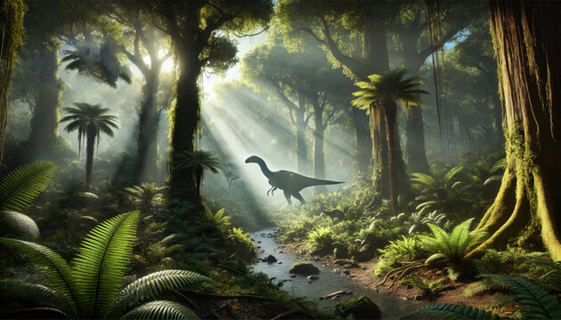 Jurassic jungle, ancient ferns, trees, dinosaur with a river