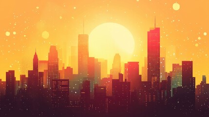 Vibrant city skyline at sunset showcasing a mix of warm and cool tones with a glowing sun and subtle sparkles above the silhouette of skyscrapers