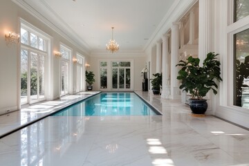 Fototapeta premium A stunning indoor pool area that embodies luxury and tranquility, showcasing beautiful architectural elements and stylish decor for a serene atmosphere.