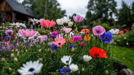 Obraz premium Colorful wildflowers bloom vibrantly in lush garden setting