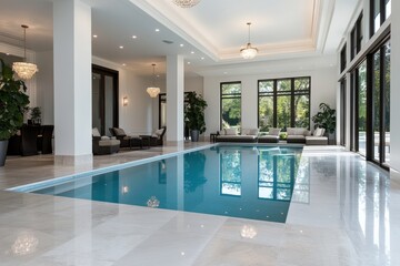 This elegant indoor swimming pool features modern furnishings, large windows, and lush greenery, creating a serene and sophisticated atmosphere for relaxation.