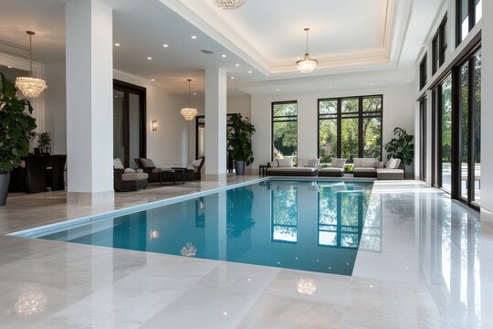 This elegant indoor swimming pool features modern furnishings, large windows, and lush greenery, creating a serene and sophisticated atmosphere for relaxation.