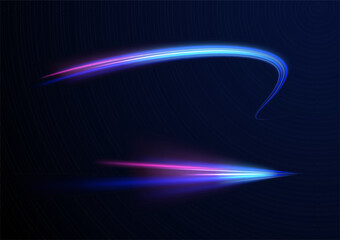 Vector glowing lines air flow effect. Light trail wave, fire path trace line, car lights, optic fiber and incandescence curve twirl. Big data traffic visualization, dynamic high speed, png, effect. 